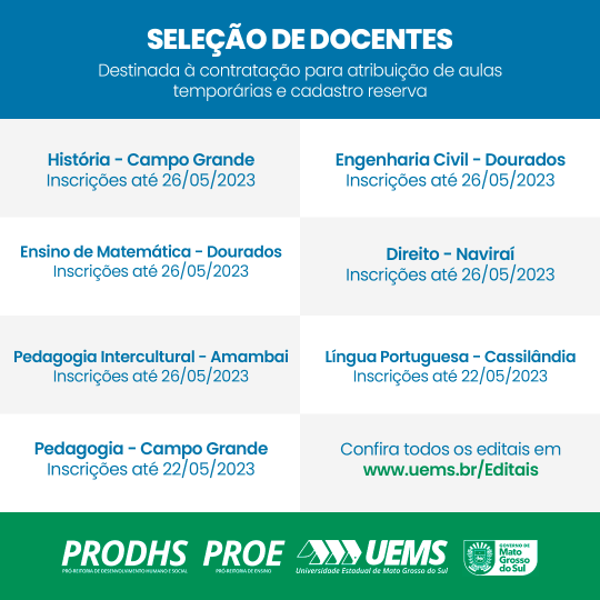 UEMS divulga editais para seleção de docentes em 5 Unidades 