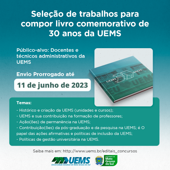 Prorrogado o prazo até 11 de junho o envio dos capítulos para livro sobre os 30 anos da UEMS