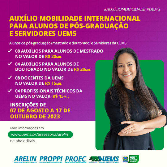 Acadêmicos da pós-graduação e servidores da UEMS já podem inscrever suas propostas para o Auxílio Mobilidade Internacional