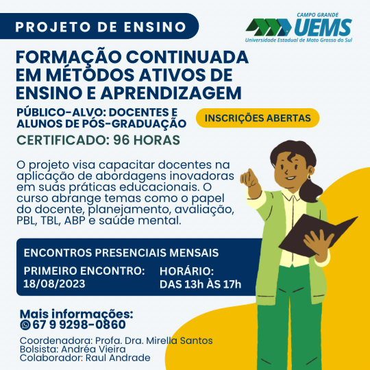 UEMS/Campo Grande: Ciências Biológicas abre inscrições para curso de Métodos Ativos de Ensino e Aprendizagem 