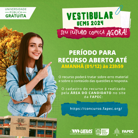 Período para apresentação de recurso no Vestibular UEMS 2024 vai até sexta-feira (1º)