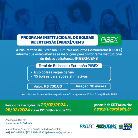 Inscrições para seleção de Bolsistas de Extensão -PIBEX/2024 encerram no dia 25 de março 
