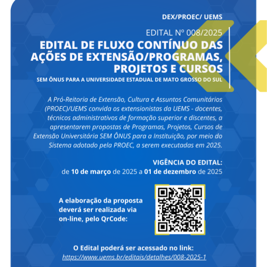 PROEC publica edital de fluxo contínuo das ações de extensão sem ônus para a UEMS