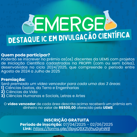 UEMS abre inscrições para o Prêmio Emerge para destacar a divulgação científica na iniciação científica
