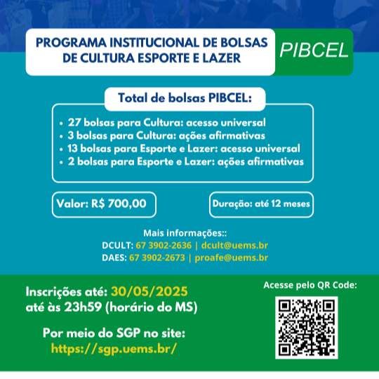 Inscrições para o Programa Institucional de Bolsas de Cultura, Esporte e Lazer (PIBCEL) vão até 30 de maio 