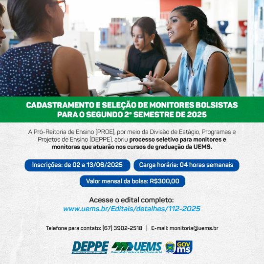 UEMS abre seleção para o Programa de Monitoria com oferta de 210 bolsas no segundo semestre de 2025