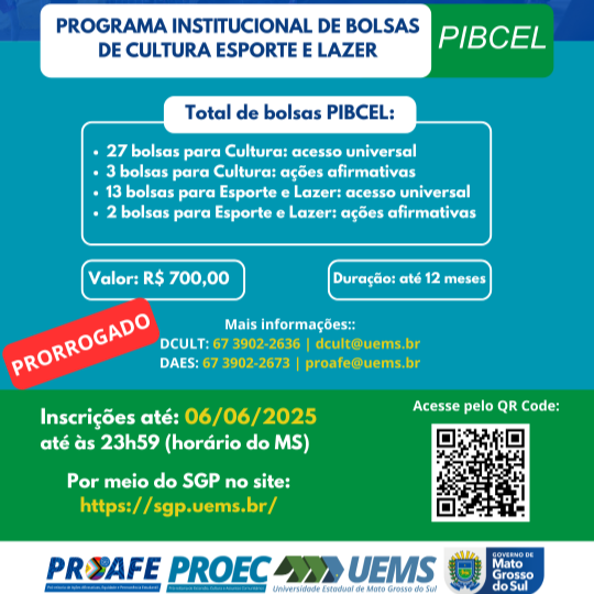 PROEC/UEMS prorroga as inscrições para o Programa Institucional de Bolsas de Cultura, Esporte e Lazer 