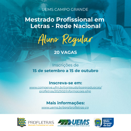 UEMS/Campo Grande: Exame Nacional do PROFLETRAS abre processo seletivo para 20 vagas de aluno regular