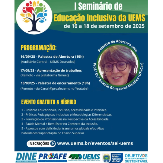 PROAFE/UEMS promove 1º Seminário de Educação Inclusiva entre 16 e 18 de setembro