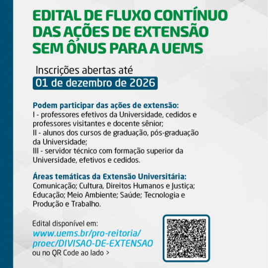 PROEC publica Edital de Fluxo Contínuo das Ação de Extensão sem Ônus para a UEMS