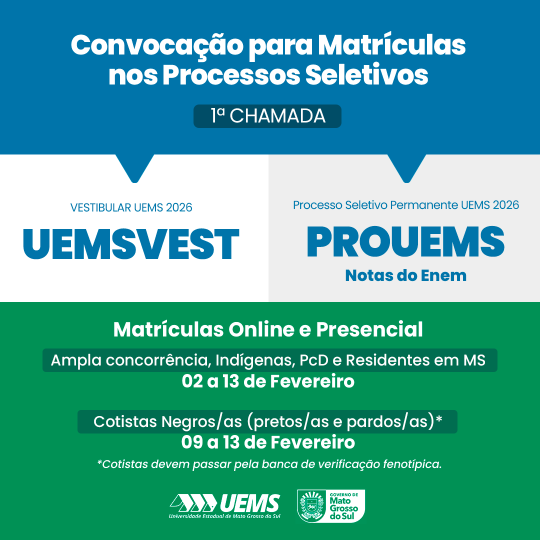 UEMS convoca candidatos classificados no Vestibular e no PROUEMS para matrículas
