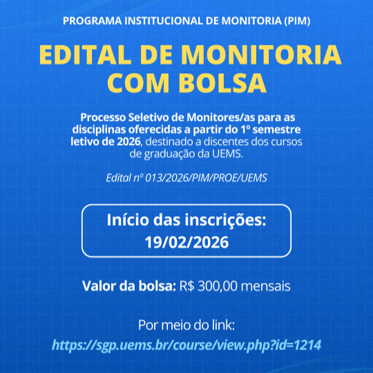 UEMS abre seleção do Programa de Monitoria para o 1º semestre de 2026