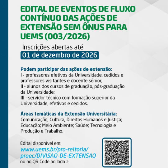 PROEC publica Edital de Fluxo Contínuo das Ação de Extensão sem Ônus para a UEMS
