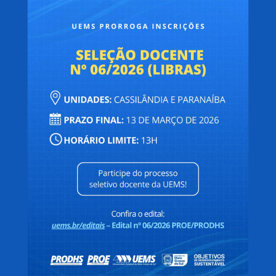UEMS prorroga inscrições para Seleção Docente na área de Libras em Cassilândia e Paranaíba