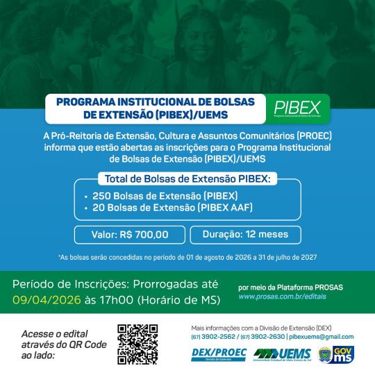 UEMS prorroga inscrições para seleção de bolsas de extensão do PIBEX  2026