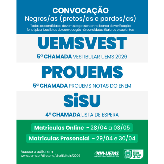 UEMS publica edital de convocação para cotistas negros com matrículas a partir de 28 de abril