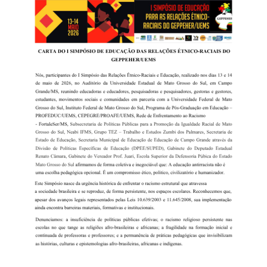 GEPPEHER/UEMS divulga Carta do I Simpósio de Educação das Relações Étnico-Raciais
